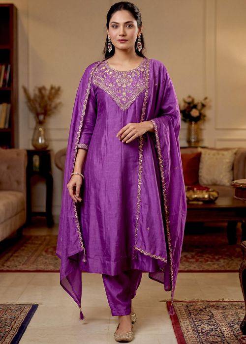 Purple Pant Suit With Thread Embroidery