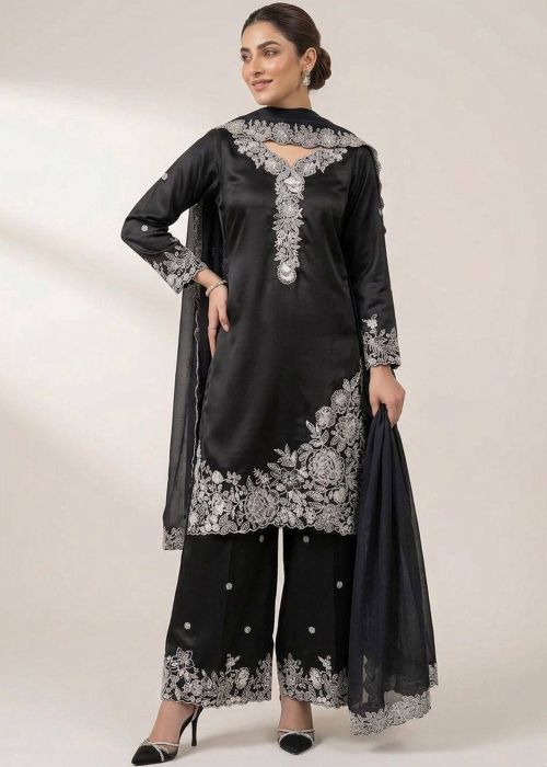 Black Crape Palazzo Suit With Thread Work