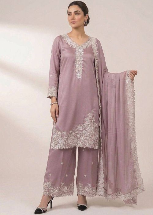 Lavender Crape Palazzo Suit With Thread Embroidery