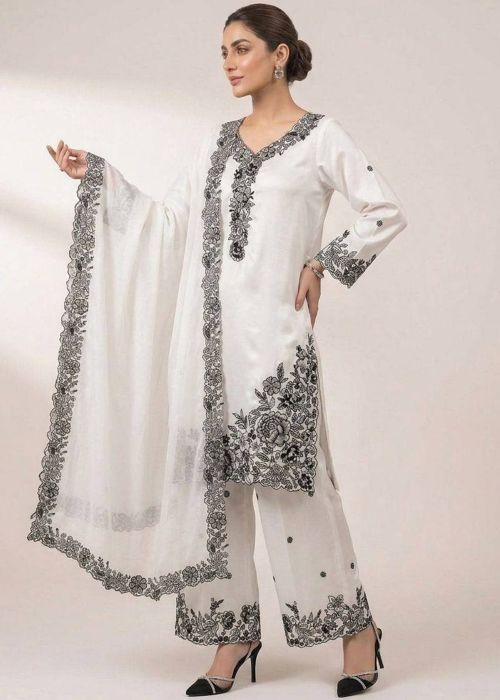White Crape Palazzo Suit With Thread Work