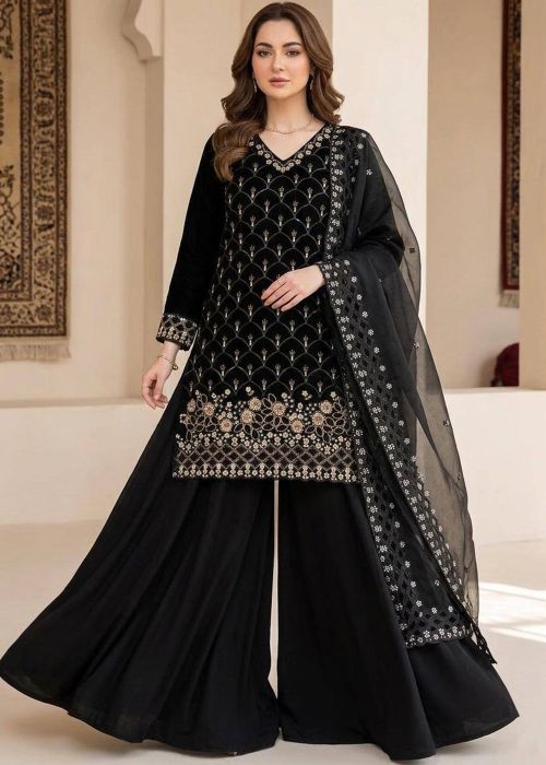 Black Art Silk Palazzo Suit With Zari Work