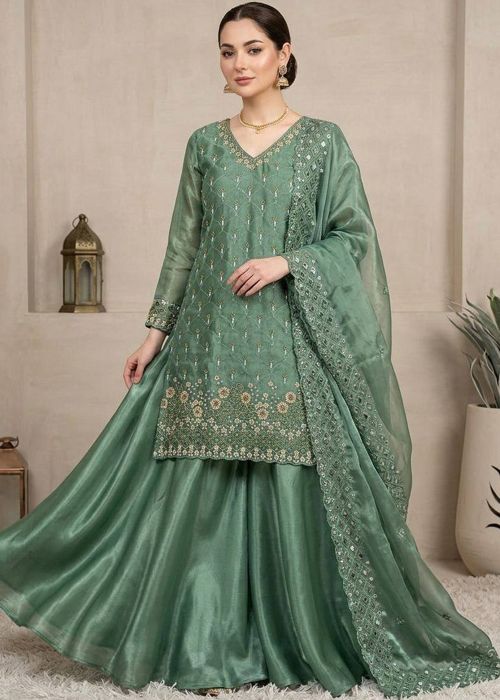 Green Art Silk Palazzo Suit With Sequins