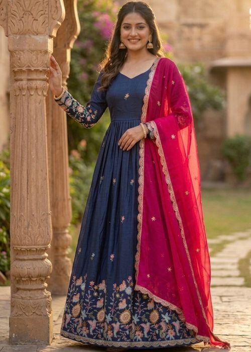 Navy Blue Anarkali Suit With Thread Embroidery