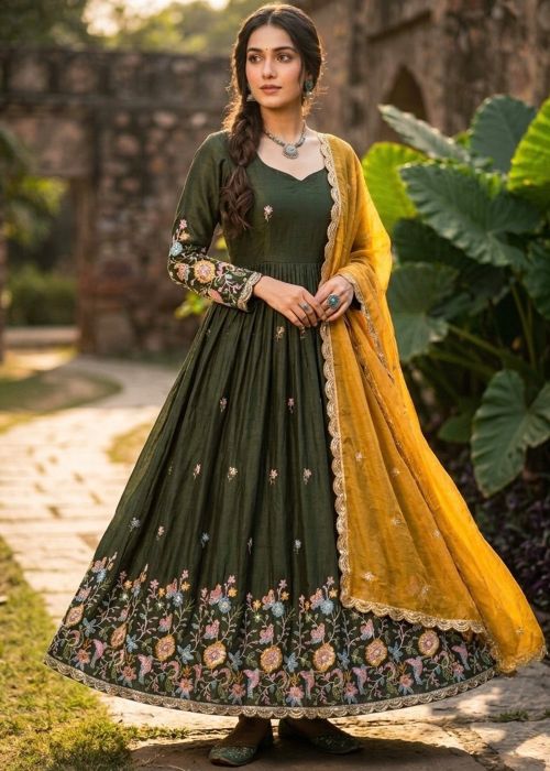 Green Art Silk Anarkali Suit With Floral Work