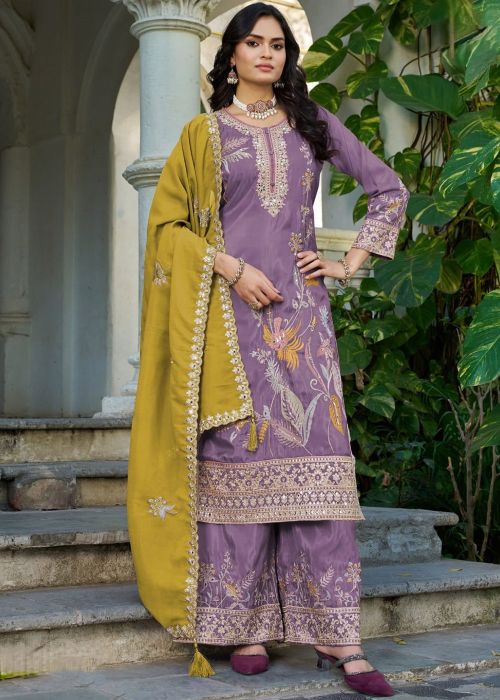 Lavender Shimmer Palazzo Suit With Floral Work