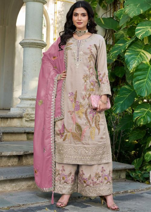 Beige Shimmer Palazzo Suit With Floral Work