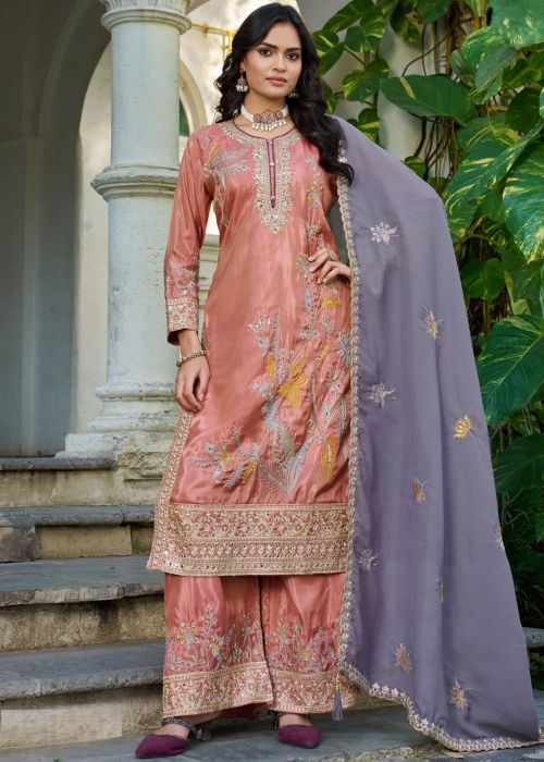 Peach Shimmer Palazzo Suit With Embroidery