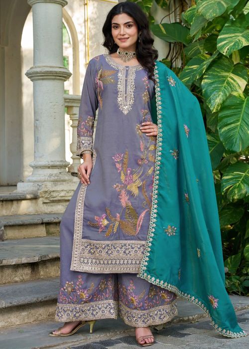 Purple Shimmer Palazzo Suit With Mirror Work