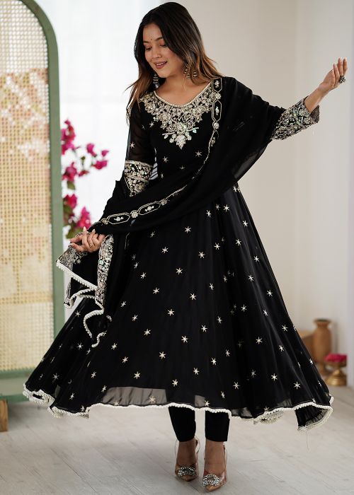 Black Georgette Anarkali Suit With Thread Embroidery