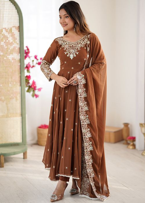 Brown Georgette Anarkali Suit With Sequins