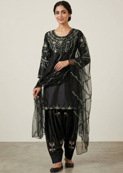 Black Satin Patiala Suit With Sequins Work