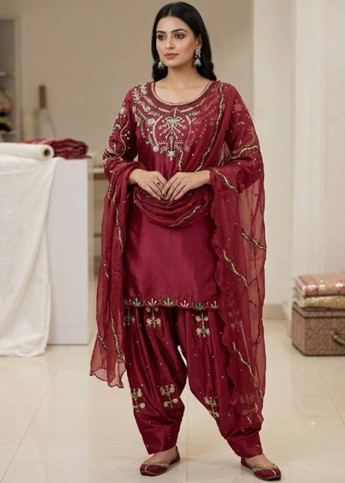 Maroon Satin Patiala Suit With Thread Embroidery