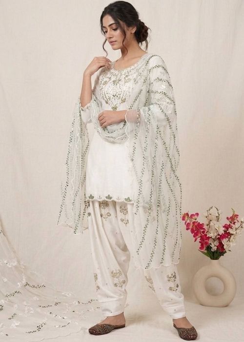 White Satin Patiala Suit With Thread Work