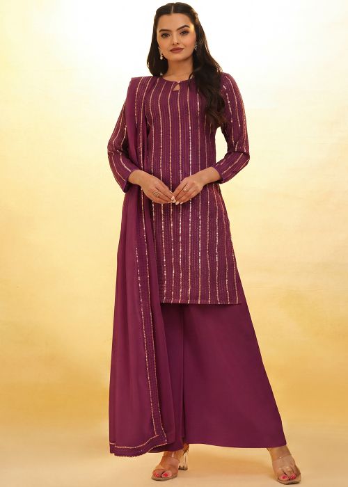 Purple Georgette Palazzo Suit With Zari Work