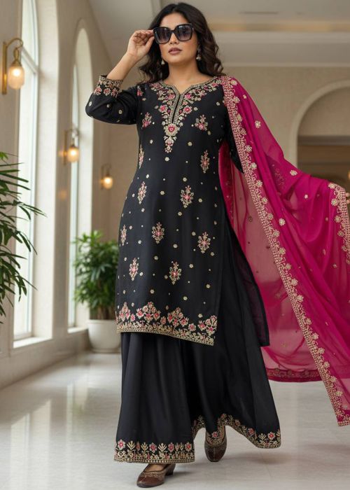 Black Georgette Sharara Suit With Floral Work