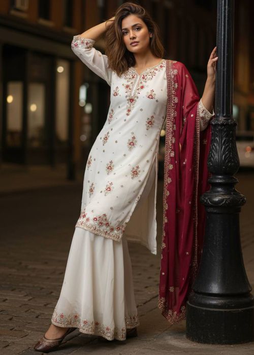 White Georgette Sharara Suit With Sequins