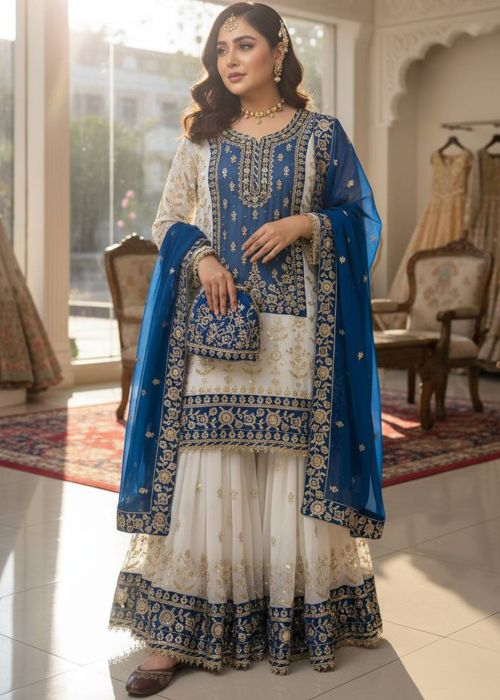 White & Blue Sharara Suit With Embroidery