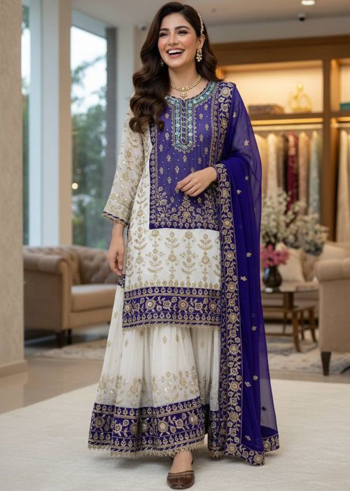 White & Purple Sharara Suit With Sequins
