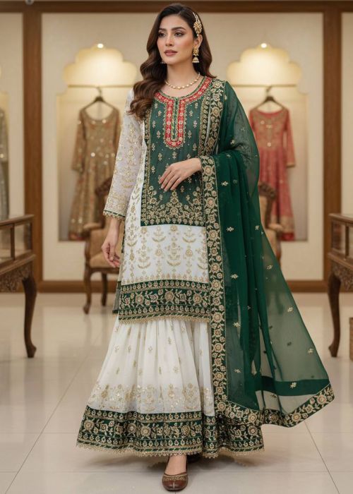 White & Green Sharara Suit With Zari