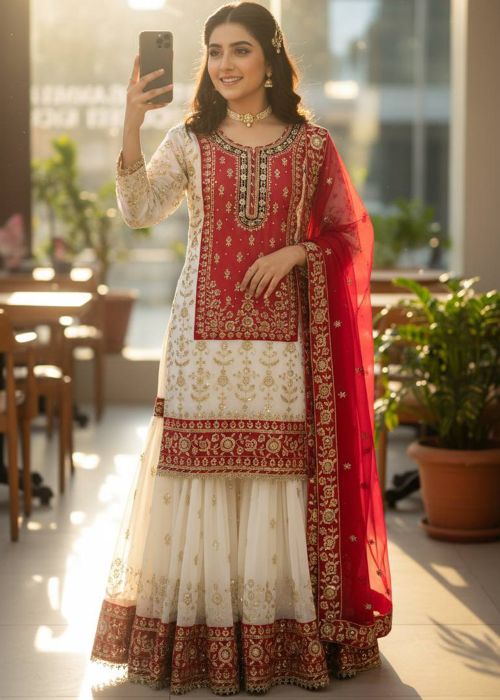 White & Red Sharara Suit With Zari Work