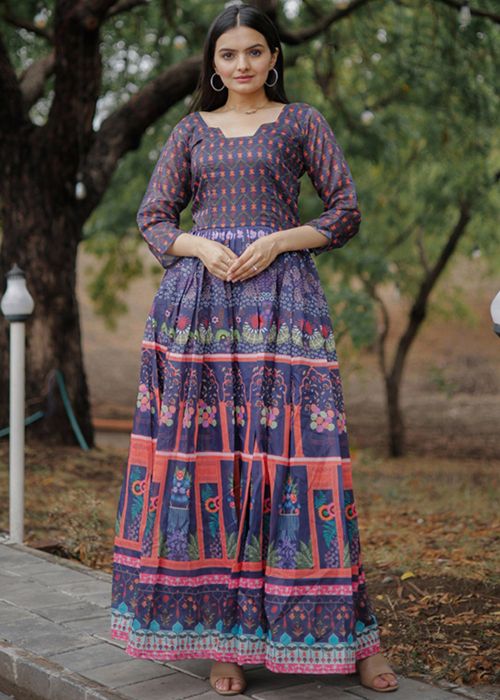 Navy Blue Chanderi Dress In Digital Print
