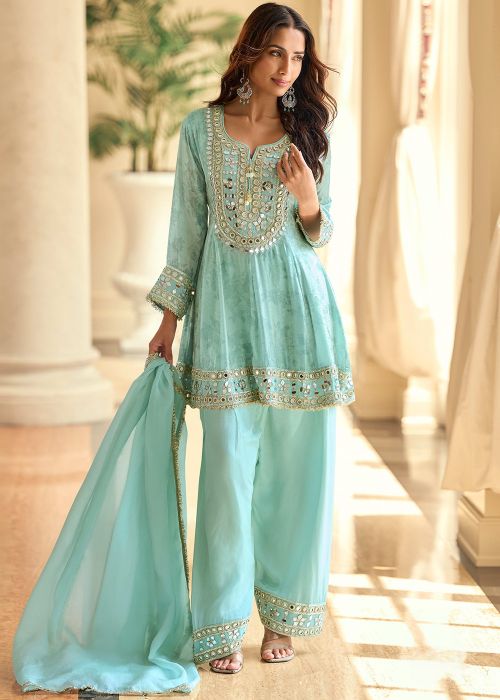 Blue Shimmer Palazzo Suit With Mirror Work
