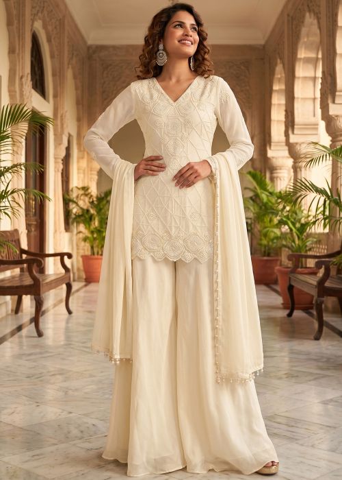 Cream Chiffon Palazzo Suit With Sequin Work