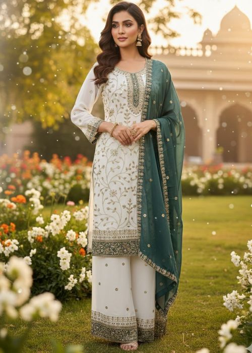White Georgette Palazzo Suit With Thread Work