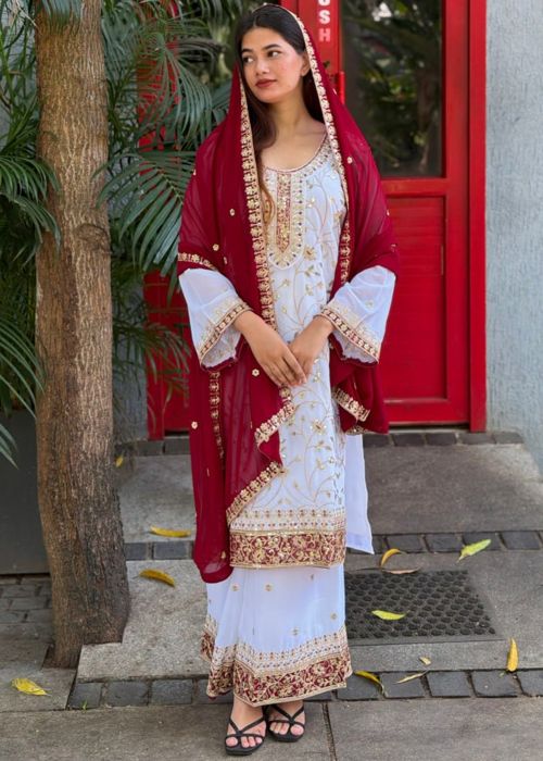 White Georgette Palazzo Suit With Thread Accent