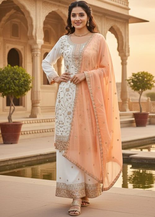 White Georgette Palazzo Suit With Peach Dupatta