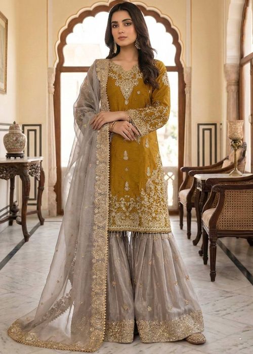 Yellow Art Silk Sharara Suit With Embroidery