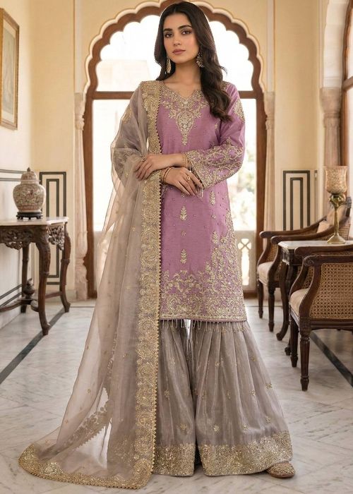 Pink Art Silk Sharara Suit With Thread Embroidery