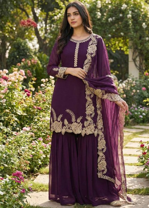Purple Georgette Embroidered Sharara Suit