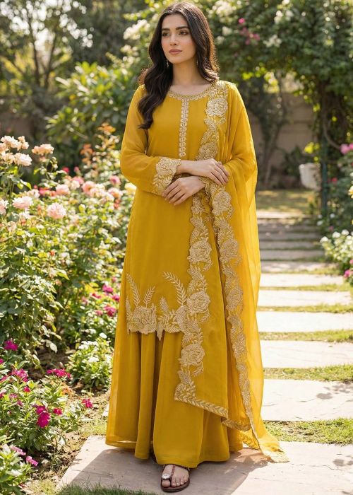 Yellow Zari Embroidered Sharara Suit