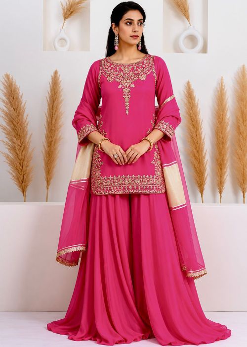 Pink Crape Sharara Suit With Zari Work