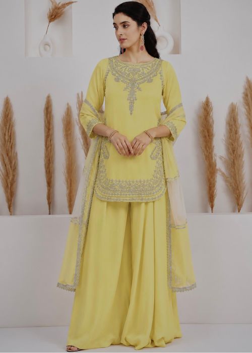 Yellow Crape Sharara Suit With Zari Accent