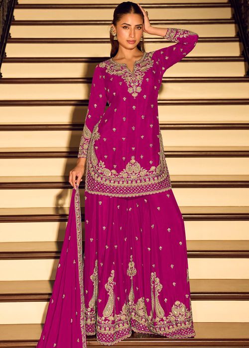 Pink Chiffon Palazzo Suit With Bead Work