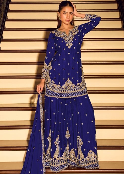 Royal Blue Chiffon Embroidered Palazzo Suit