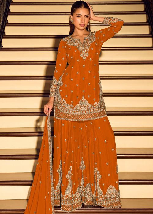 Rust Orange Palazzo Suit With Zari Work