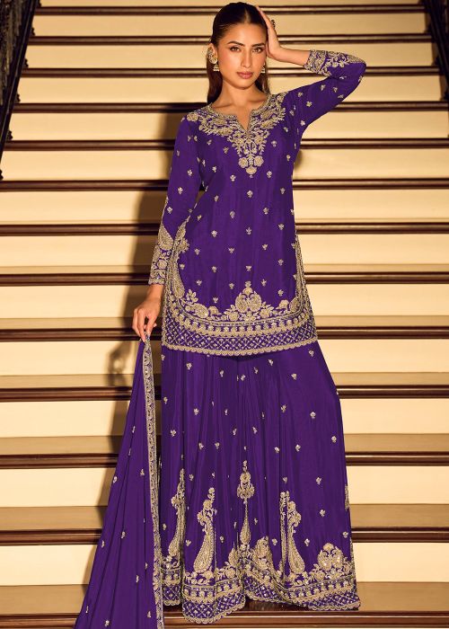 Purple Palazzo Suit With Beads Accents