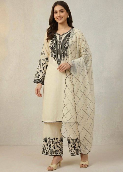 Cream Cotton Palazzo Suit With Floral Thread