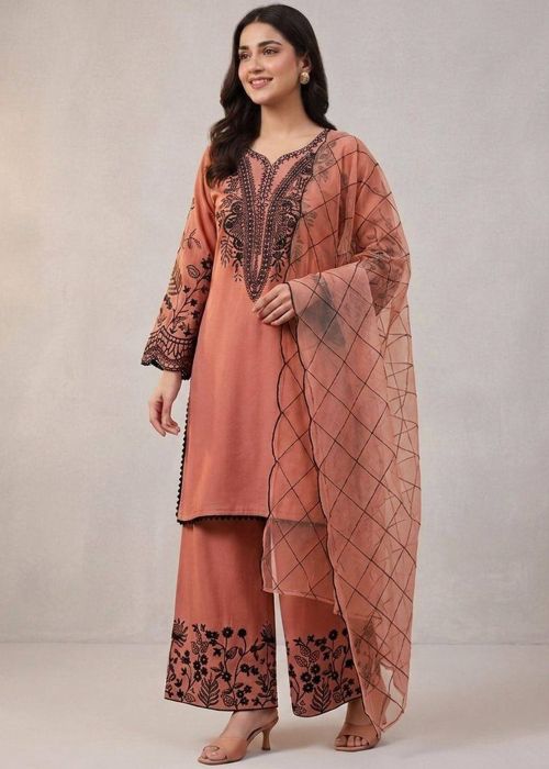 Peach Cotton Palazzo Suit With Thread Work
