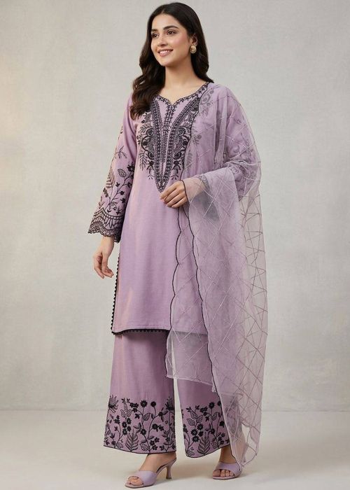 Lavender Cotton Palazzo Suit With Floral Thread