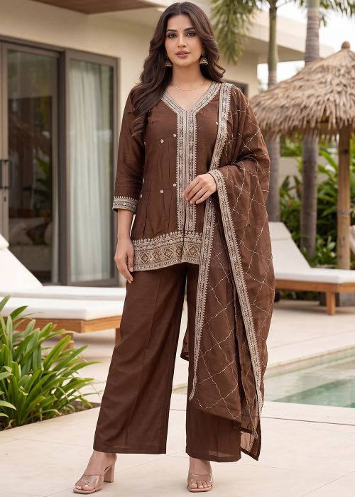 Brown Palazzo Suit With Dori Embroidery