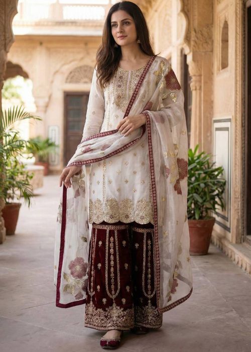 Cream Art Silk Palazzo Suit With Floral Dupatta