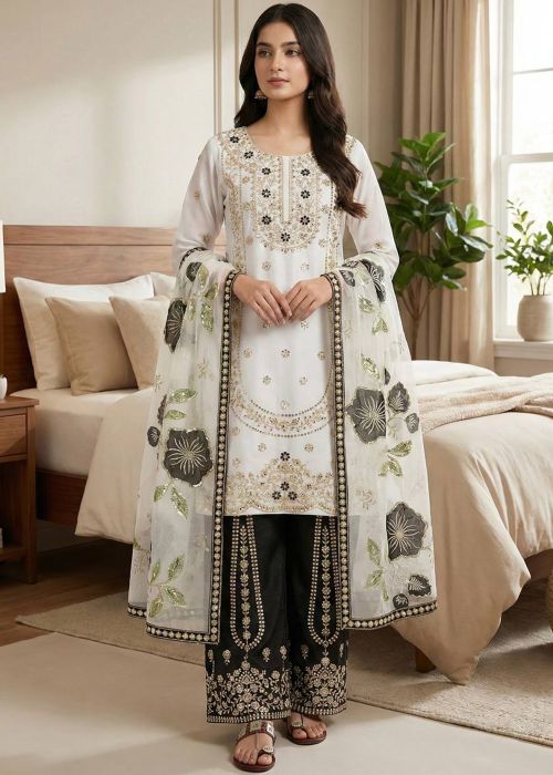 Cream Art Silk Palazzo Suit With Floral Accents