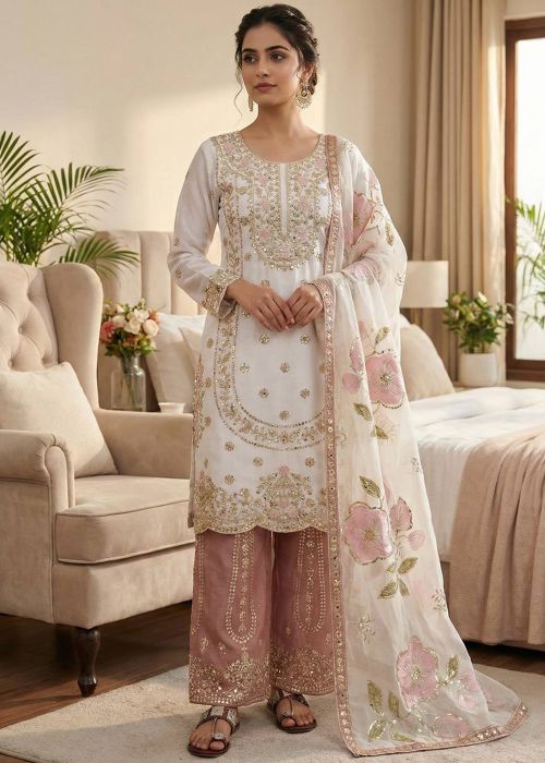 Cream Palazzo Suit With Floral Work
