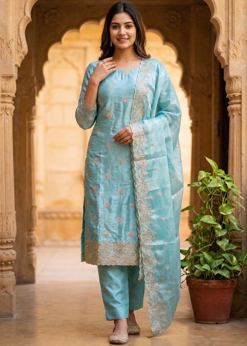Aqua Blue Organza Zari Embroidered Suit