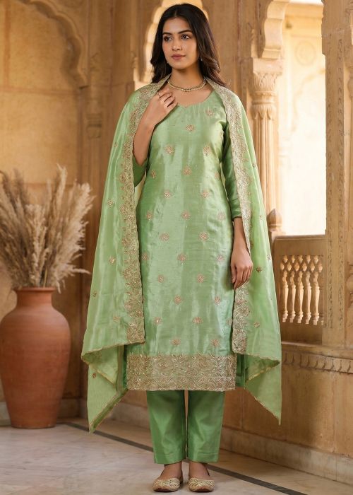 Pista Green Organza Zari Work Pant Suit