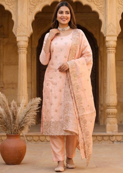 Peach Organza Floral Zari Pant Suit